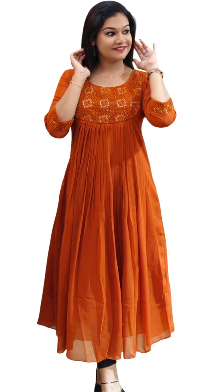 Women’s Blooming Georgette Anarkali Kurti with Embroidery Sequins Zari Work | 46 Inch Length | Round Neck-image-35