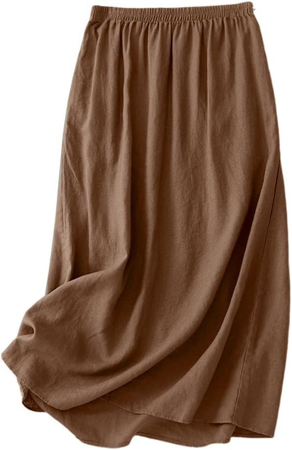 Kinghua Linen Skirts for Women Spring Summer Beach Casual A Line Elastic High Waisted Flowy Midi Long Skirt with Pockets