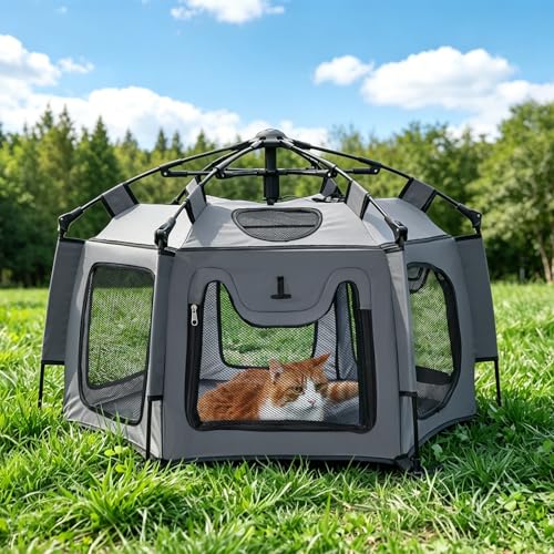 Medium Cat Catio Outdoor Cat Enclosure, 35.4' Pop-Up Catio for 1 Cat, Portable Cat Playpen Indoor Outdoor, Lightweight Travel Cat Tent with Sunshade, Foldable Cat Kennel for Balcony Camping