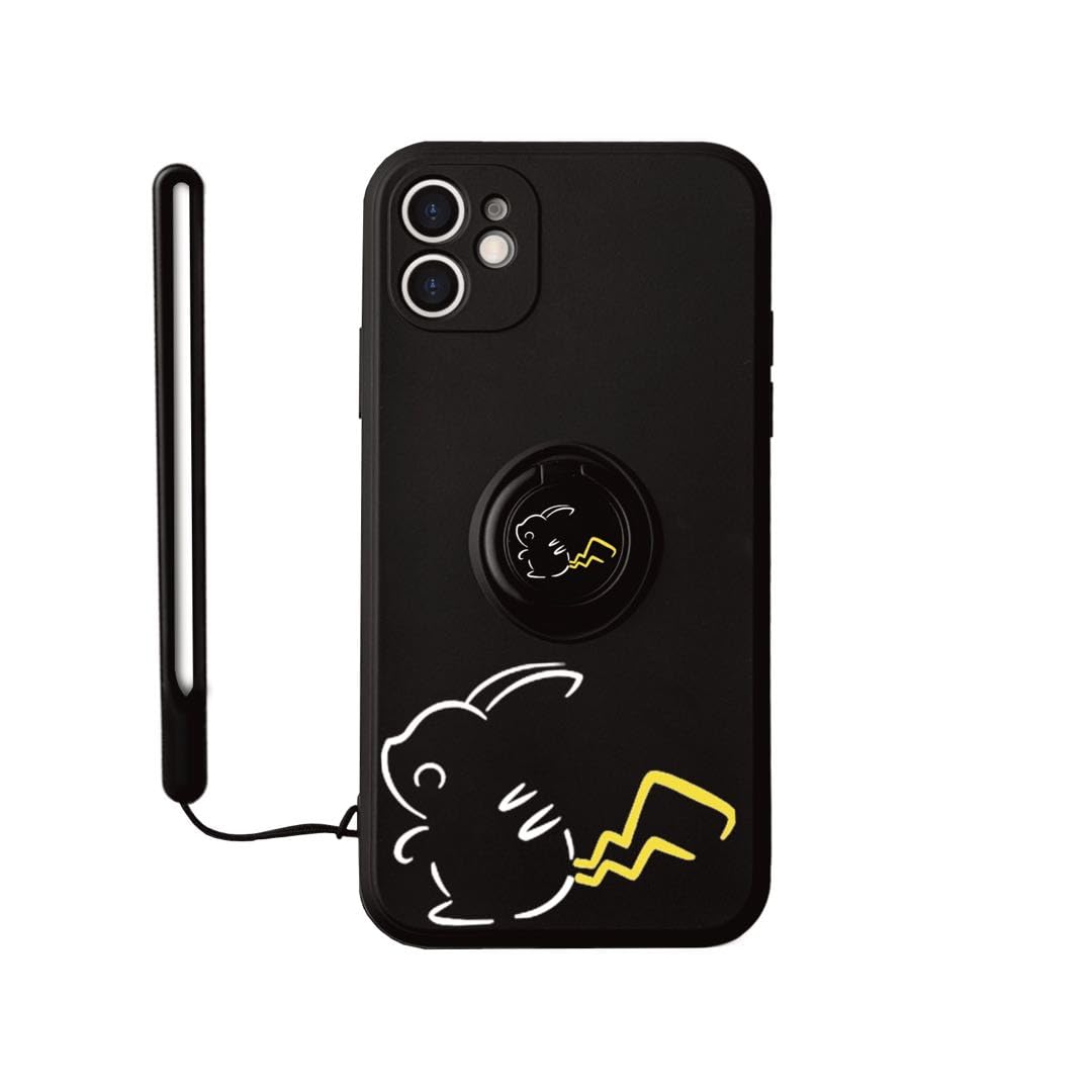 IPhone16用ポケットモン 携帯ケース, リング付き, ストラップ付き, 耐衝撃 防塵 スマホカバー, ブラック, 可愛いキャラクター (IPhone 16)