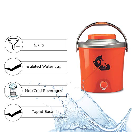Image of Milton Kool Stallion 10 Insulated Plastic Water Jug, 1 Piece, 9.7 litres, Orange | Food Grade | Easy to Carry | BPA Free | Ideal for Travel | Picnic | Homes | Office | Shops | Clinics