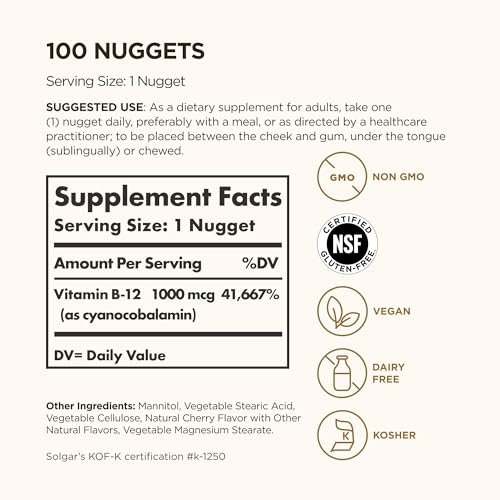 Solgar Vitamin B12 1000 mcg, 100 Nuggets, Energy Production Red Blood Cells - image 2