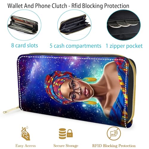 Wallet,Large Capacity RFID Blocking Leather Wallet, Durable Smooth Zipper Clutch,Unisex Travel Wallet for Cards,Cash,and Coins - African American Women 5