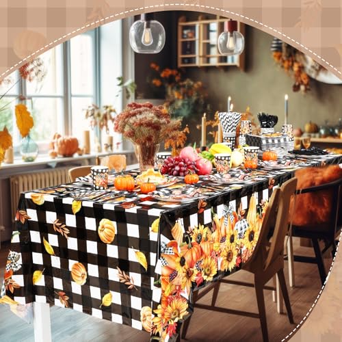 Image of Funnymoom 452 Pcs Fall Thanksgiving Party Decorations, Black White Buffalo Plaid and Orange Pumpkin Maple Leaves Paper Plates Napkins Cups Tablecloth Cutlery Straws for Autumn Harvest Party Supplies