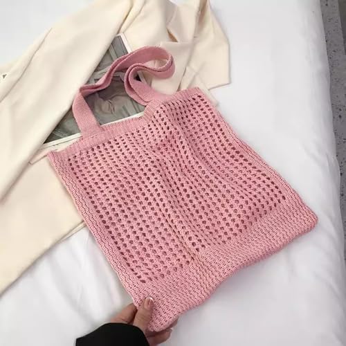 Image of Pink Crochet Tote Bag, Large Woven Beach Bag, Handbag Knit Bag for Women, Summer, All Seasons, 15 x 9.5x 4.3 inches