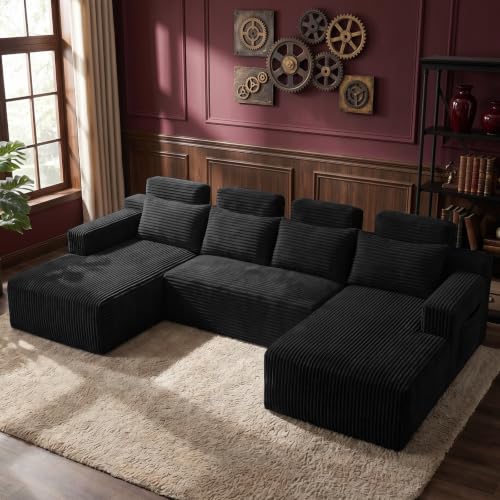 Image of Boneless Couch for Living Room, 113 inch Oversized U Shaped Modular Cloud Sofa with Deep Seat, 6 Seater Convertible Memory Foam Couches, No Assembly Plush Corduroy Sofa (Black)