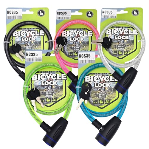 NCS35® Random Colours Heavy-Duty Bicycle Wire Lock 80cm Overall Length, 65cm Wire Length Anti-Theft Steel Cable with Plastic Coating Includes 2 Keys Ideal for Bikes, Scooters, Bicycle, Gates
