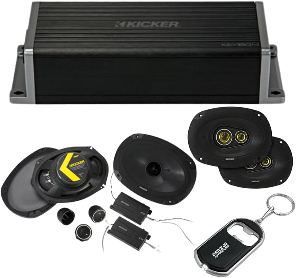 KICKER 47KEY2004 Smart 4-Channel Amplifier with 46CSS694 6×9 Component and 46CSC6934 6×9 Coaxial Speakers
