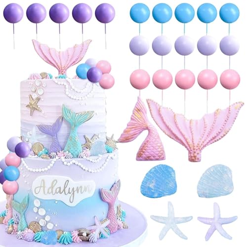 Toyhood 26Pcs Mermaid Theme Cake Decorations Colorful Ball Cake Topper Ocean Party Mermaid Seashell Sea Star Birthday Decorations for Birthday Baby Shower Wedding Party