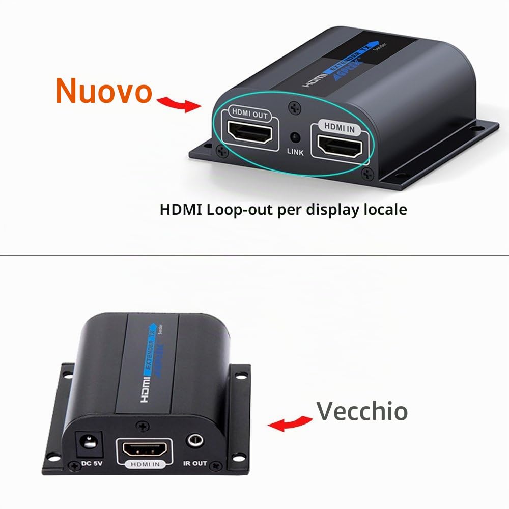 AGPTEK Estensore HDMI, 1080P 60m su singolo cavo Ethernet Cat6/6a/7/8 | Extender HDMI, con visualizzare il locale Loop-Out con blaster IR e cavi di ricezione (LKV372pro)