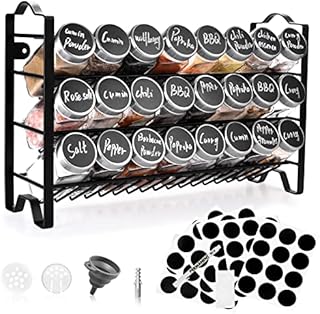ROSNONG 3 Tier Spice Rack Free Standing Metal Condiment Holder with Empty 24 Square Glass Spice Jars, Counter Spice Organiser, Seasoning Bottles Organizer for Kitchen, Cupboard, Countertop