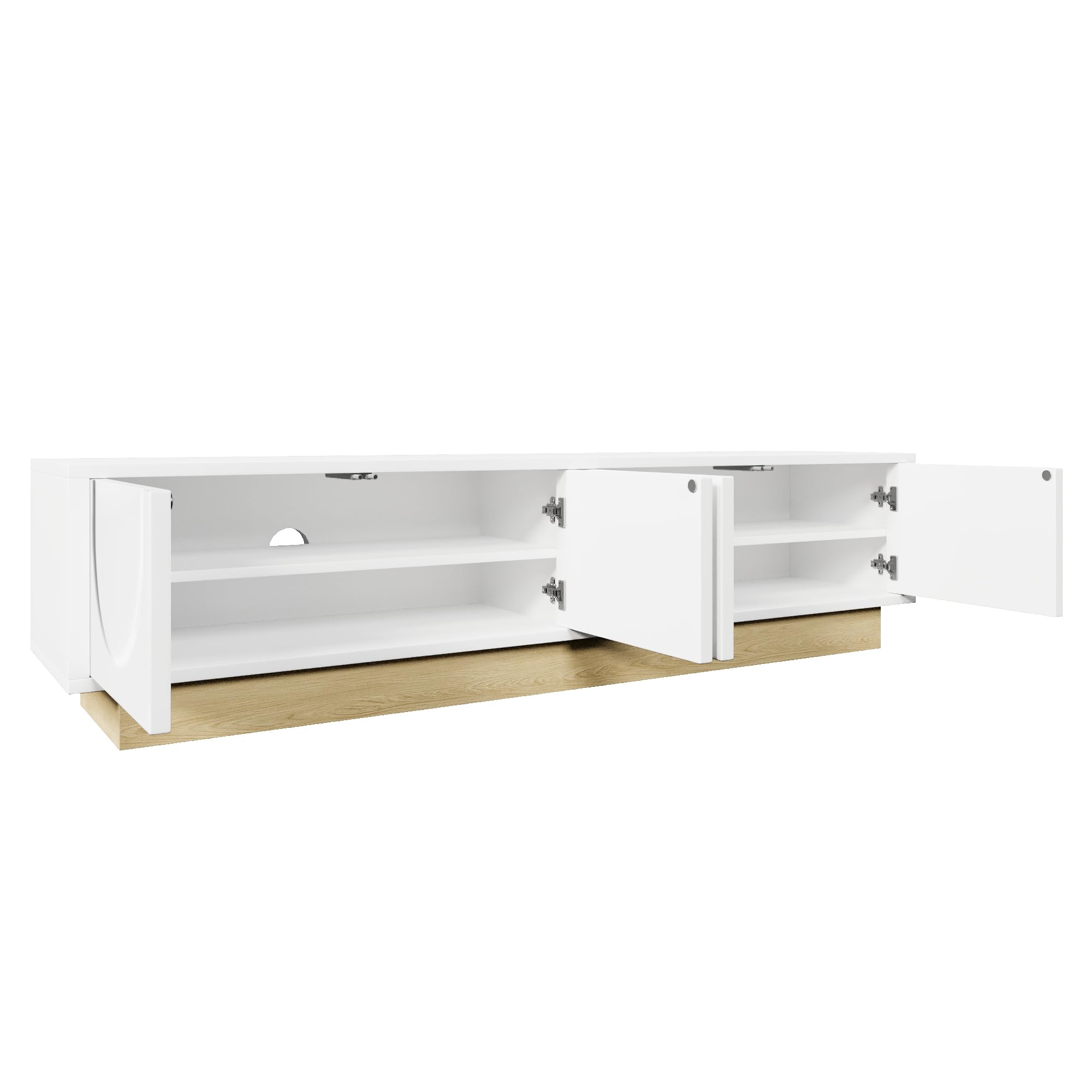Merax Meuble TV blanc avec grain de bois - 175 cm - Design incurvé minimaliste - Espace de rangement suffisant et gestion des câbles - Sans poignée avec fonction push-to-open - 175 x 40 x 42 cm (L x l