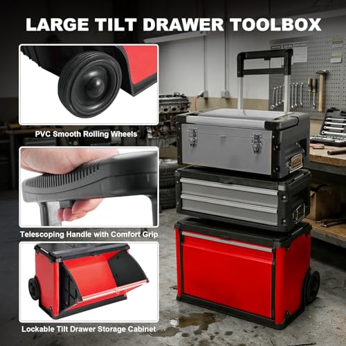 Image of Stackable Rolling Tool Box Portable Metal Toolbox Organizer with Wheels and 2 Drawers Separate Rolling Upright Trolley Tool Chest for Garage or Workshop, Red