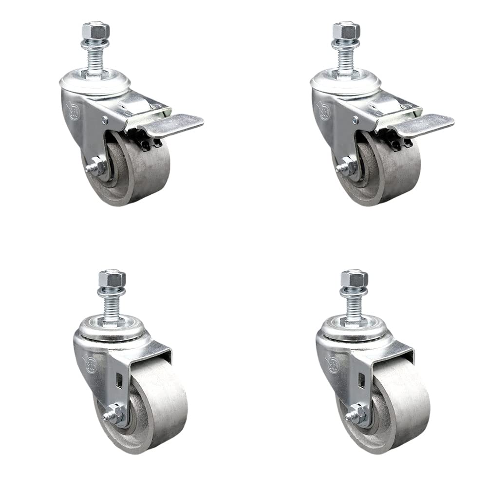 Semi Steel Cast Iron Swivel Threaded Stem Caster Set 4 w/Roller Bearing - 3