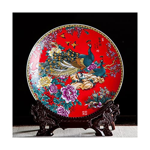 Servierplatten - Dekorative Keramikplatte Im Chinesischen Stil, 10 &Quot;Red Peacock Pfingstrose Malerei Ornamentplatte Mit Drachenförmigem Display-Ständer, Kunstdekor Für Zu Hause Wohnzimmer Cover