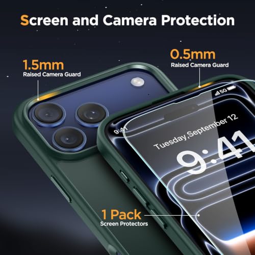 Image of Miracase Magnetic for iPhone 17 Pro Hard Shell Case 6.3 inch, [Compatible with MagSafe] Military-Grade Protection, Anti-Fingerprint, Slim Thin Phone Case for 17 Pro Cover with Screen Protector, Dark Green