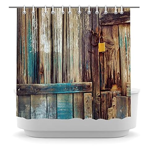 LyerArtork Vintage Barn Door Shower Curtain Rustic Wooden Planks Bathroom Curtain Retro Country Hardwood Bath Curtain Set with 12pcs Plastic Hooks for Modern Farmhouse Bathroom Decor 72x72inch Cover