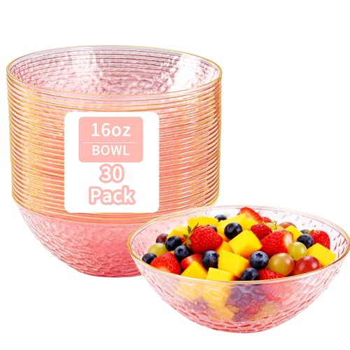 Tinybee 30 Pack Pink Plastic Bowls - Pink Disposable Bowls for Party with Gold Rim 16-20oz Premium Hammered Bowls Disposable Heavy Duty Plastic Salad Bowls for Milk Cereals Snacks Salads