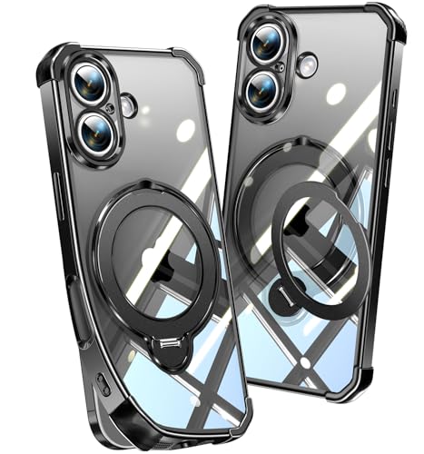Image of Soft Case for iPhone 16 with 360 Rotating Magnetic Stand, Compatible with Mag-Safe, 4X MIL-Drop Protection, Lightweight Glossy Anti-Yellowing Clear Back Phone Cover for iPhone 16, Black