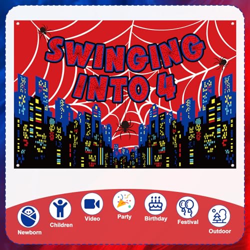 4th Birthday Spider Web Backdrop, 180x120cm/5.91x3.94ft Swinging into 4 Cool Spider Theme Happy Birthday Party Decoration Cartoon Banner for Boys Girls by SAVITA - Image 3