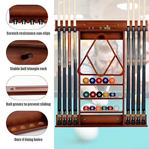 Gymax Pool Cue Rack, 8 Cue Wall-Mounted Pool Stick Holder With 15 Billiard Balls Holders And 1 Triangle Rack, Solid Pine Wood Billiards Rack Only For Billiard Room Or Club (Burlywood) #TOP5