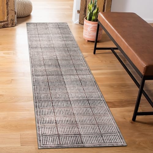 Rugshop Bohemian Stripe Lines Washable Non Slip Runner Rug 2' x 10' Brown