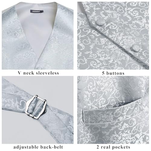 HISDERN Hochzeitsweste herren Blumen Hochzeit Silber-Grau Weste Krawatte Einstecktuch Taschentuch Jacquard Weste Anzug Set