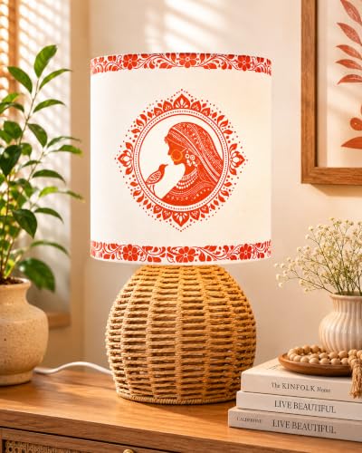 Image of Homesake Handwoven Rattan Table Lamp with Aipan Art Printed Fabric Shade, Decorative Raffia Cane Bedside Lamp, Boho Table Lamp with E27 Holder & Bulb Included, Living Room, Bedroom & Home Decor