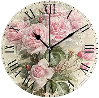 ALAZA Vintage Pink Rose Flower Round Wall Clock, Silent Non Ticking Oil Painting Home Office School Decorative Clock Art