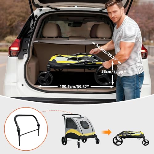 BingoPaw Schwerlast Hundewagen große Hunde: klappbar Hundebuggy bis 42kg, Hundekinderwagen mit 4 Rädern, 3 Netzfenstern, Verstellbarer Griff