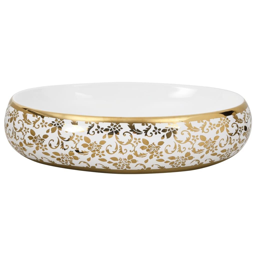 ShGaxin Lavabo sobre encimera Ovalado cerámica Blanco Dorado 59x40x15cm, Fregadero, Lavabo Baño, Lavamanos Baño, Lavatorio Casa De Banho, Mueble Lavabo sobre Encimera - 155111