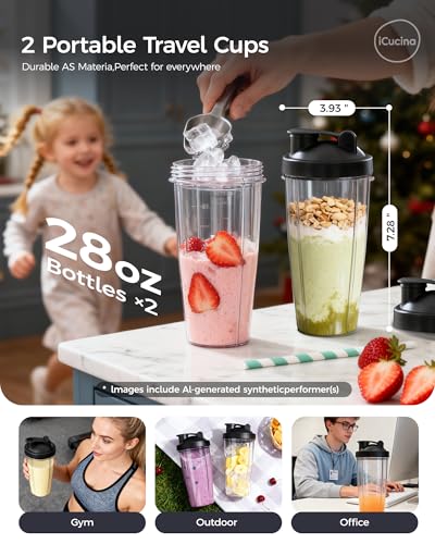 Image of iCucina Smoothie Blender, Personal Blender for Shakes and Smoothies, 700W Pulse Technology Single Serve Blenders with 2 x 28oz Protable Cups for Ice Crush, Frozen Fruit Drinks