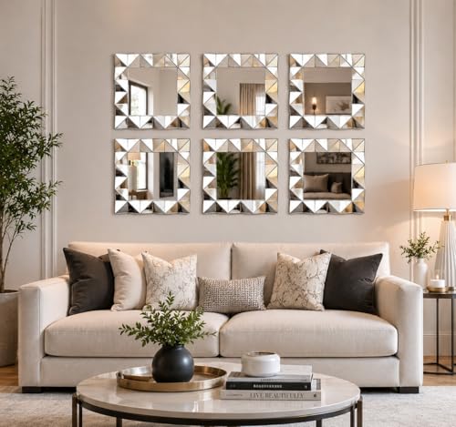 Image of DEENZ Pack Of 3D Art Deco Style Square Frame Wall Mounted Mirror for Living Room, Bedroom or Hallway Geometric Design 40x40Cm (6)