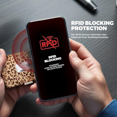 Image of LLH Leather Trifold Wallet - RFID Blocking with Stainless Steel Locking Clip Wallet, Minimalist Front Pocket RFID Blocking Credit Card Holder (Leopard)
