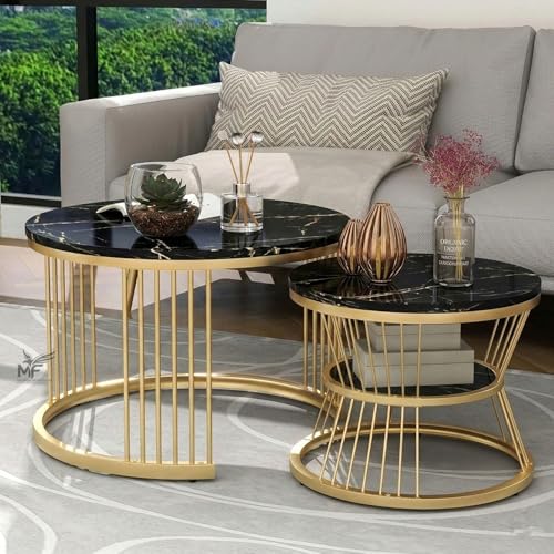 Image of MELVON Lightweight Nesting Coffee Table Set of 2, Golden Frame with Black Marble Look Engineered Wood Top, Round Center & Side Tables for Living Room