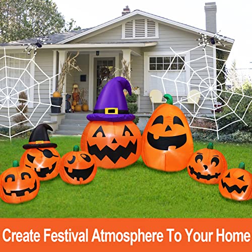 12Ft Extra Large&Long Halloween Inflatables 7 Pumpkins With 2 Witch Hats Outdoor Halloween Decorations With Build-In Led Lights Stakes Blow Up Yard Halloween Decor Outside Party Garden Lawn Holiday #TOP4