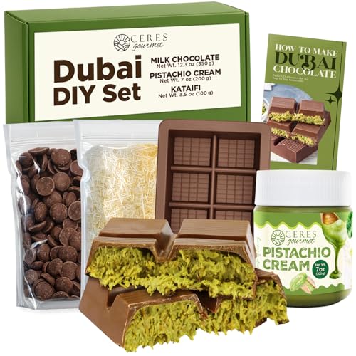 Dubai Chocolate Bar DIY Kit Includes Mold 12.3 oz Melting Wafers 3.5 oz Kataifi 7 oz Pistachio Spread Gift Kit for Choco Lovers and Christmas Make Your Own Gourmet Pistachio Chocolate at Home
