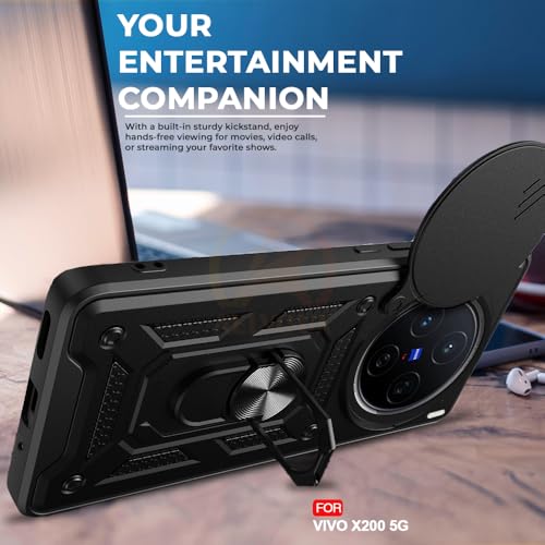 Image of Armor Bumper Back Cover Case for vivo x200 5g Rotating Camera Cover, Ring Holder & Kickstand | Heavy Duty & 360 Degree Protection vivo x200 5g Back Cover (Black)