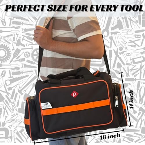 Image of PAHAL Heavy Duty Tool Bag for Electrician, Plumber, Carpenter, AC Technician & Service Engineer Waterproof Nylon Tool Storage Organizer, Shoulder Strap & 24L Capacity Black /Orange