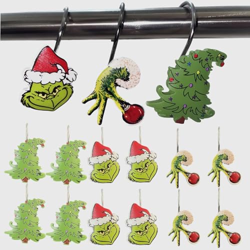 SHOCAWS 12-Piece Christmas Shower Curtain Hooks - Festive Metal Rustproof Cute Shower Curtain Rings Bathroom Decoration Accessories