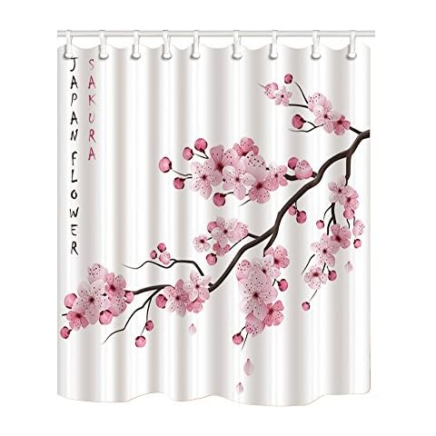 KOTOM Classic Japanese Culture Shower Curtains, Realistic Sakura Japan Cherry Branch with Blooming Flowers Waterproof Polyester Fabric Bathroom Decor, Bath Curtains Accessories 69X70 Inches Cover