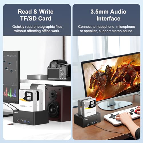 MAIWO Dual Bay 2.5'' 3.5'' SATA HDD SSD Enclosure Duplicator Off-line Cloner, USB-C Docking Station USB 3.1 Laptop Dock, with HD-MI Port/4 USB Hub/Gigabit Ethernet/3.5mm Audio/BT5.0, SD TF Card Slot
