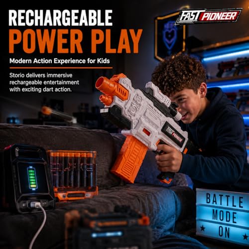 Image of Storio Rechargeable Alpha Striker Electric Motorized Toy Gun | Soft Dart Blaster with Type-C Charging | Rapid Fire Shooting Toy with 20 Foam Bullets | Gift Toy for Kids 8+, Teens & Adults (Pack of 2)