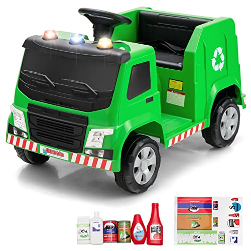OLAKIDS Ride on Car, Recycling Garbage Truck Electric Vehicle with Music, Horn, Warning Lights, Recycling Accessories Included, Toddlers Battery Powered Trash Toy for Boys Girls (Green)