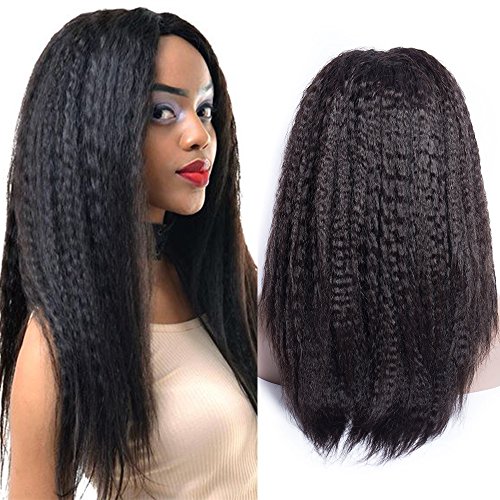 Maxine Kinky Straight Lace Front Wigs for Black Women Brazilian 9A Virgin Human Hair Glueless Lace Wig with Adjustable Straps 180% Density Pre Plucked Yaki Straight Hair Natural Color 16 inch