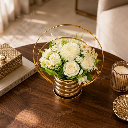 Image of Divyakosh Artifcial Flower for Home Decoration, Pre Fixed Artificial Flower Vase (Metal), Showpiece, Gift, Home Decoration Items for Living Room, Aesthetic Home Decor, Vase for Home Decor'