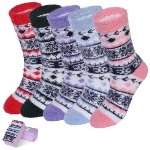 Image of SISOSOCK 5 Pairs Fuzzy Soft Cozy Comfy Socks Warm Birthday Gifts for Women