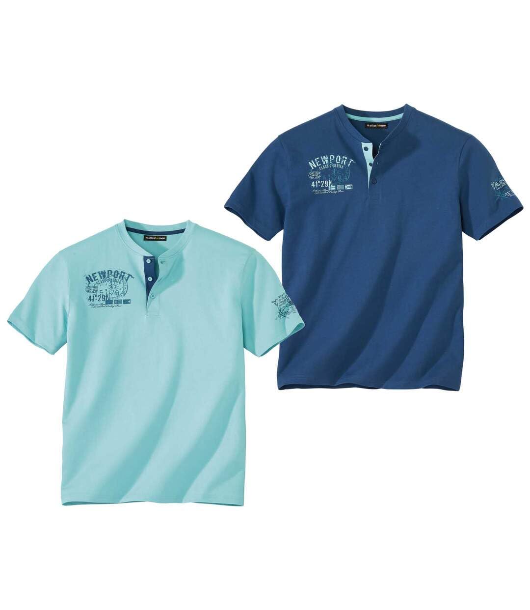 ATLAS FOR MEN - Pack of 2 Men's Henley T-Shirts - Turquoise Blue - S