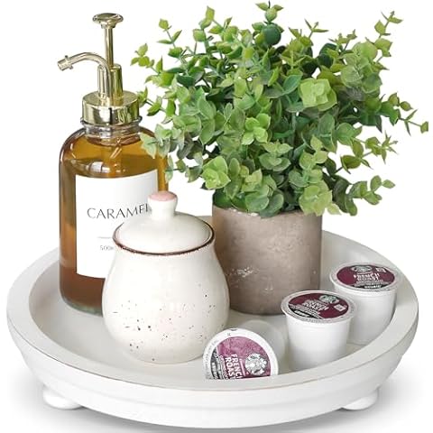 Round Coffee Table Tray, Wooden Decorative Tray for Coffee Table Decor, Coffee Table Tray for Coffee Bar Accessories and Organizer Countertop, Round Serving Tray for Kitchen(11.4" White) Cover