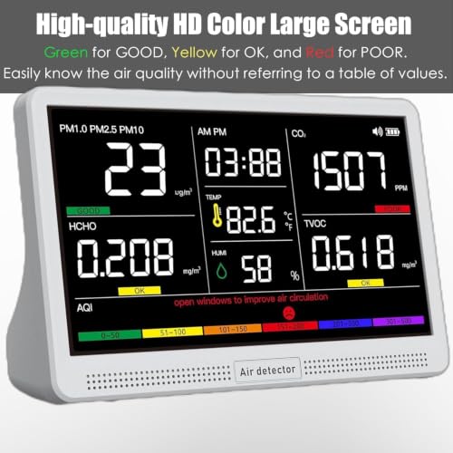 Image of Professional Indoor Air Quality Monitor with 7X AQI Beep Alarms,16 in 1 Portable Real-Time Detector for PM2.5 | PM10 | CO2 | TVOC | HCHO | Temp | Hum for Home Cars Plants Pets (Plain White)
